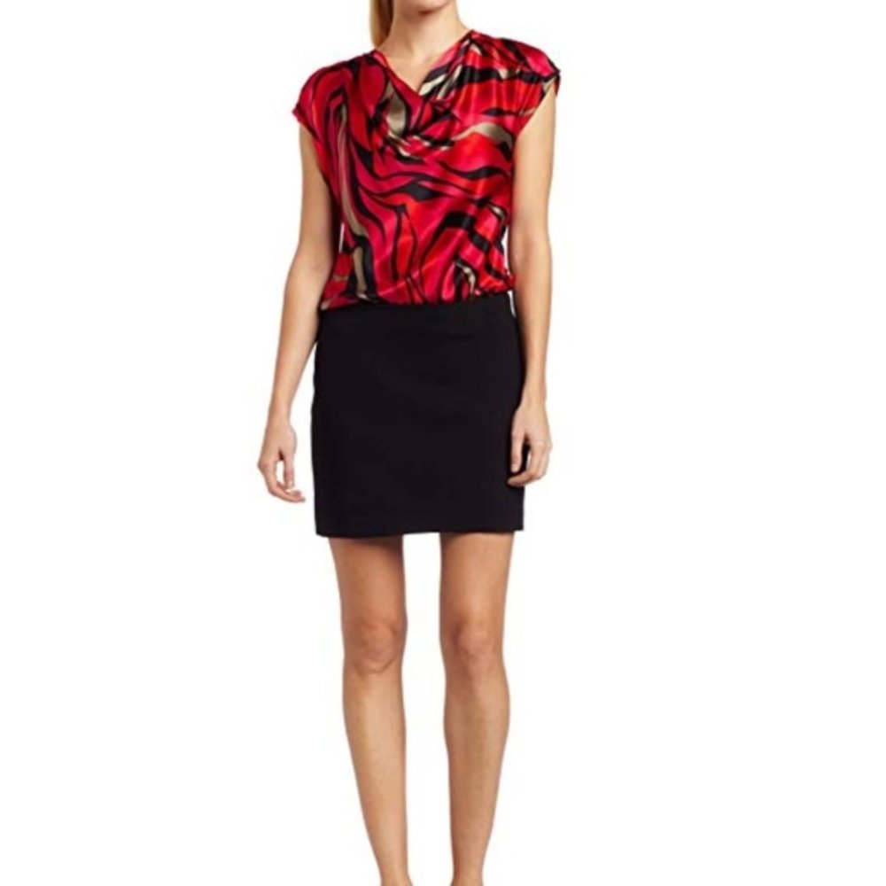 Trina Turk Luci Silk and Stretch Knit Combo Dress Black Red Size 4